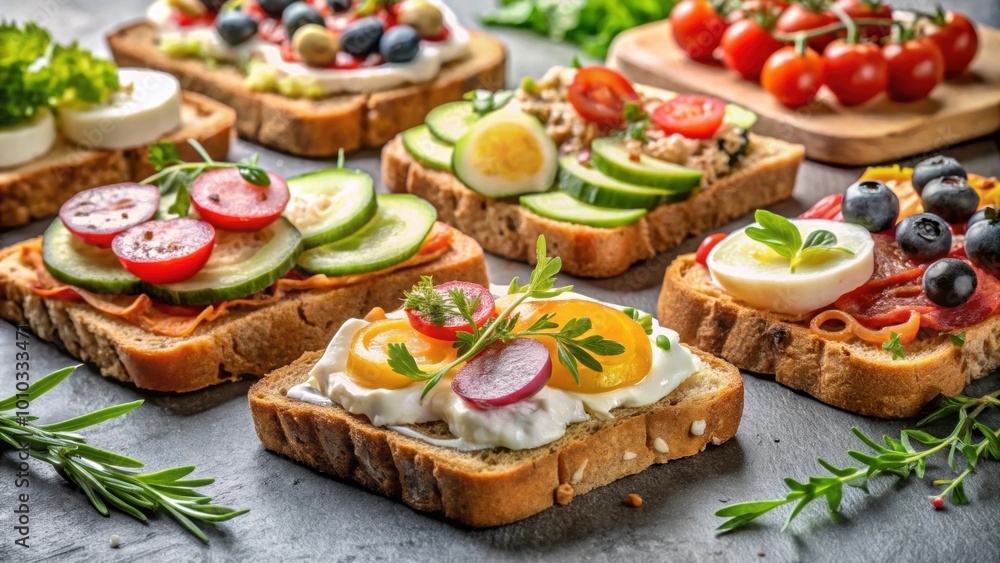Delicious brunch featuring homemade open faced sandwiches with various toppings , food, brunch, homemade, open faced Delicious brunch featuring homemade open faced sandwiches with various toppings , food, brunch, homemade, open faced