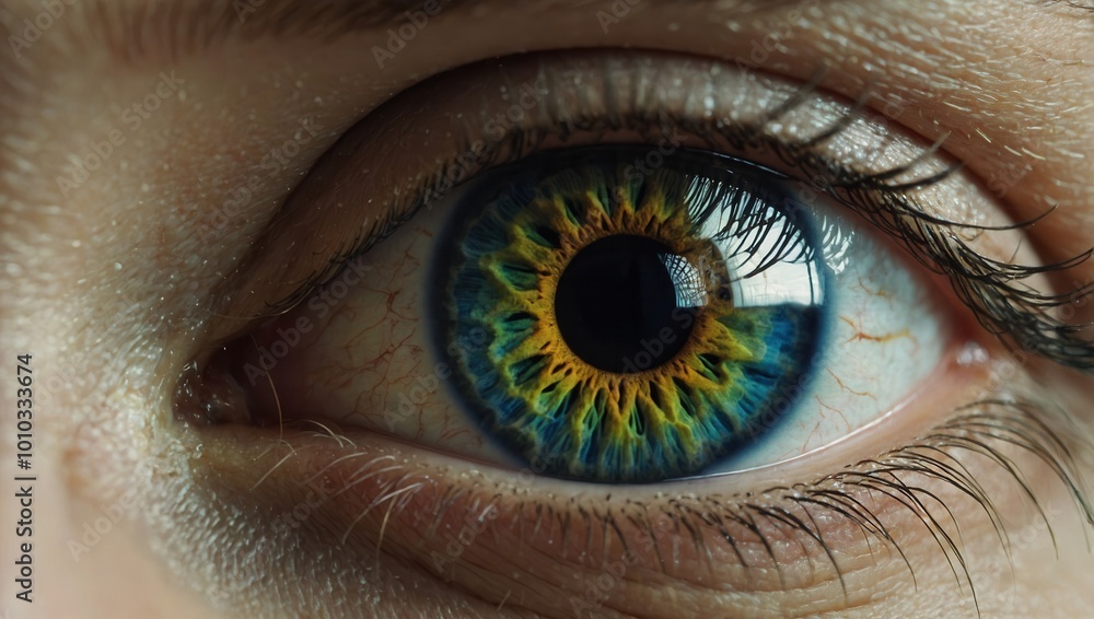 Fototapeta premium Close-up of eye with dominant blue, yellow, and black iris pattern and no people