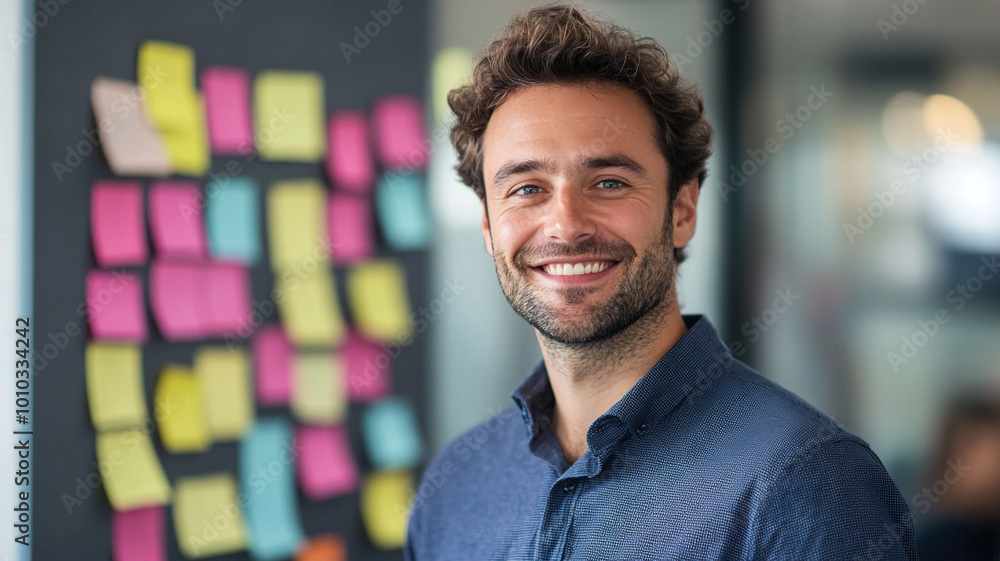 Fototapeta premium A happy businessman stands in front of his team in the office.