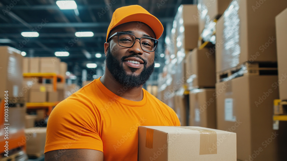 Worker in a distribution center, scanning a package for shipment, with automated systems and conveyor belts moving boxes in the background Worker in a distribution center, scanning a package for shipment, with automated systems and conveyor belts moving boxes in the background