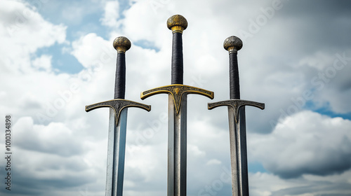 Celestial Warriors : Three Swords Ascending Above the Clouds