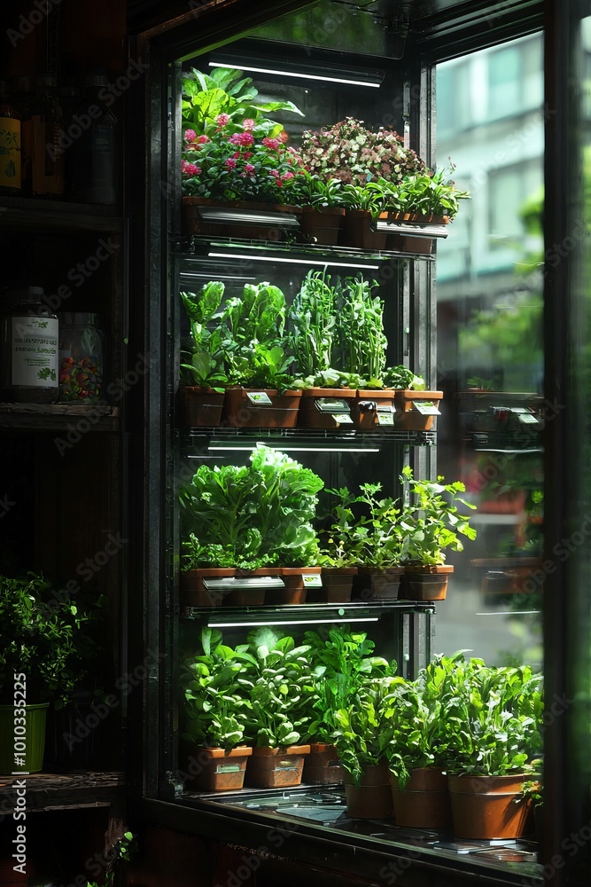 Indoor farm inside a high-rise building. Various vegetables are growing in stacked containers Indoor farm inside a high-rise building. Various vegetables are growing in stacked containers