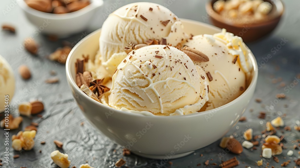 Delicious Vanilla Ice Cream with Chocolate Drizzle and Almond Toppings Delicious Vanilla Ice Cream with Chocolate Drizzle and Almond Toppings