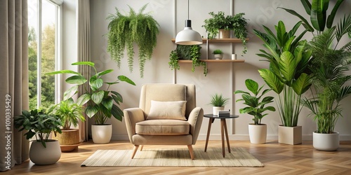 Sala de estar elegante con sill  n crema  arte minimalista de l  neas y plantas verdes exuberantes. Una mezcla perfecta de confort moderno y belleza natural.