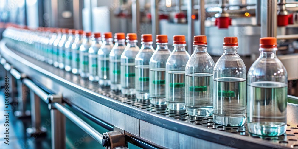 Bottles of various liquids moving on a conveyor belt, manufacturing, production line, factory, automation Bottles of various liquids moving on a conveyor belt, manufacturing, production line, factory, automation
