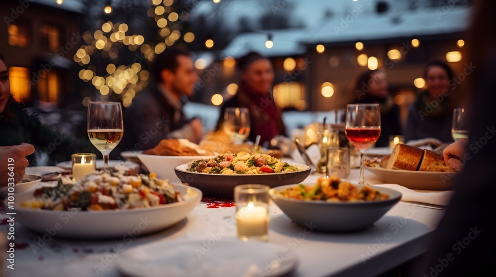 Festive Dinner Party Table Setting with Food Wine and Candlelight Festive Dinner Party Table Setting with Food Wine and Candlelight