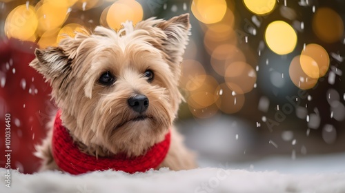 Cute Yorkshire Terrier Dog in Red Scarf in Snowy Winter Scene with Bokeh Lights