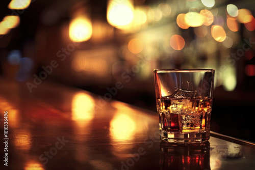 Glass of whiskey on a dimly lit bar counter with warm backlight, creating a cozy and inviting ambiance.