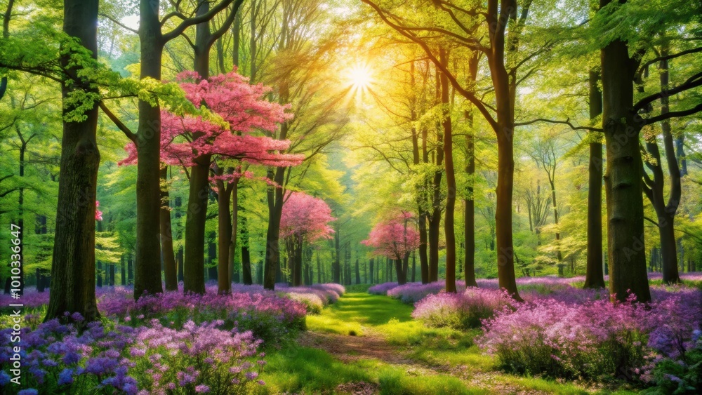 Lush spring forest with vibrant green trees and blooming flowers, nature, forest, green, trees, flowers, spring, unspoiled Lush spring forest with vibrant green trees and blooming flowers, nature, forest, green, trees, flowers, spring, unspoiled