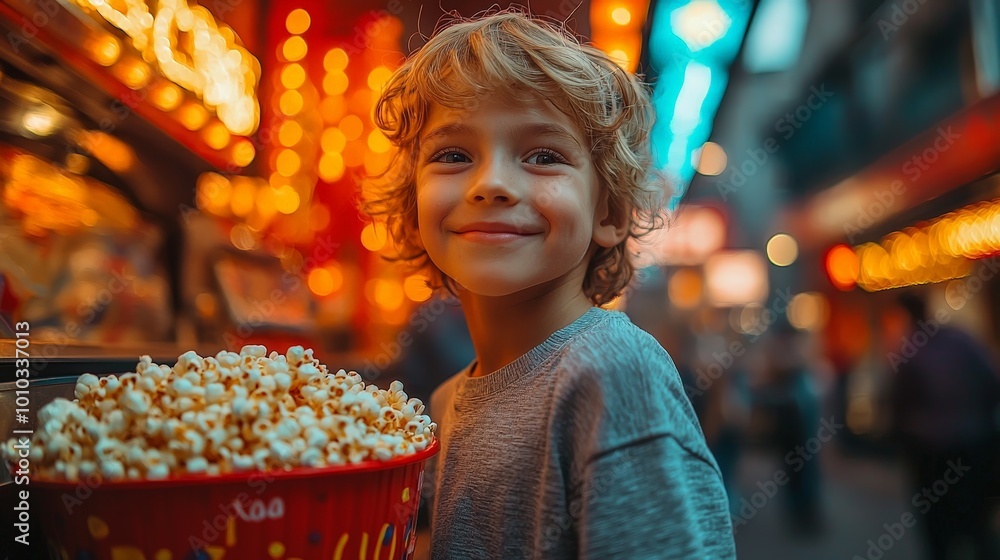 A joyful child holding a large bucket of popcorn in a vibrant, illuminated setting. A joyful child holding a large bucket of popcorn in a vibrant, illuminated setting.