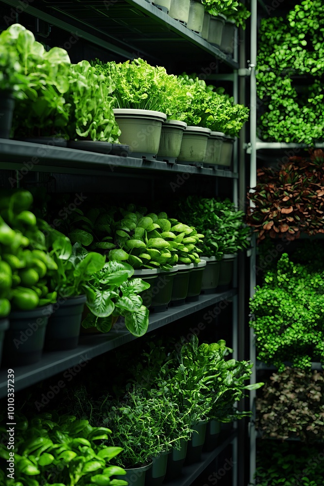 Indoor farm inside a high-rise building. Various vegetables are growing in stacked containers Indoor farm inside a high-rise building. Various vegetables are growing in stacked containers