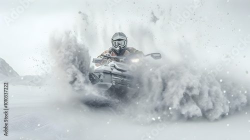 Snowmobile Rider in Winter Landscape Action Speed Excitement Adventure