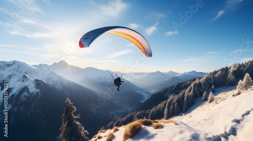Paragliding Over Snowy Mountain Range with Blue Sky
