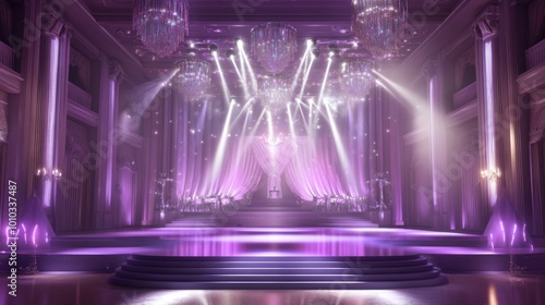 A beauty pageant stage with dazzling lights and refined decor, exuding elegance and sophistication. Realistic, highly detailed