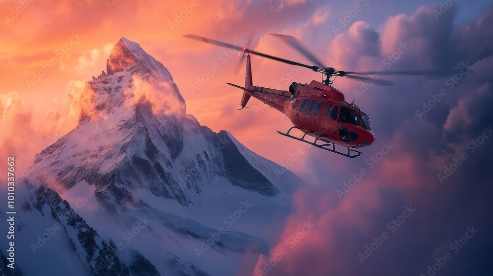 A red helicopter flies over a snow-capped mountain range at sunset. A red helicopter flies over a snow-capped mountain range at sunset.