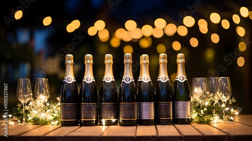 Sparkling Wine Bottles on Wooden Table with Bokeh Lights