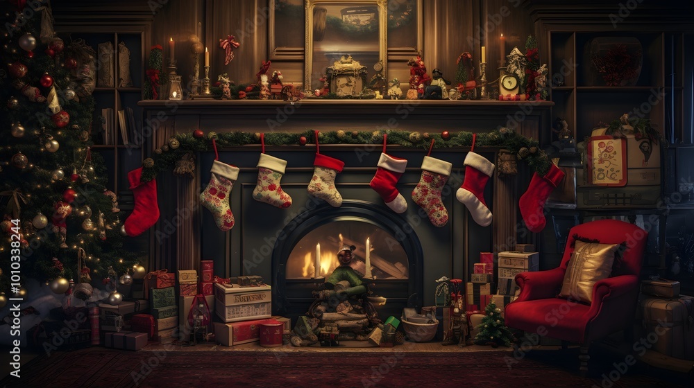 Cozy Christmas Fireplace with Stocking Decor Christmas Tree and Gifts Cozy Christmas Fireplace with Stocking Decor Christmas Tree and Gifts