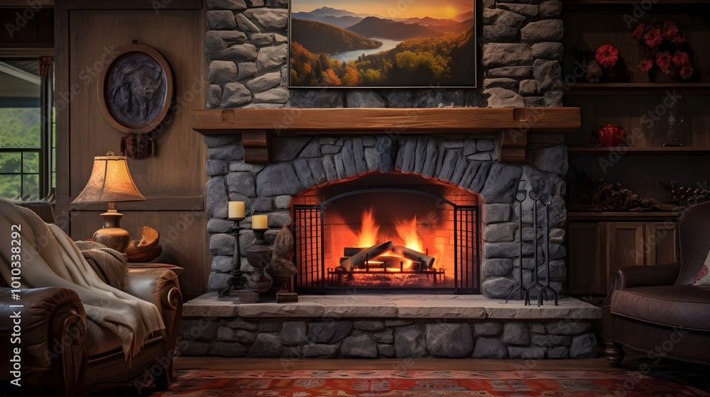 Cozy Fireplace in Rustic Living Room with Stone Mantel and Log Fire Cozy Fireplace in Rustic Living Room with Stone Mantel and Log Fire