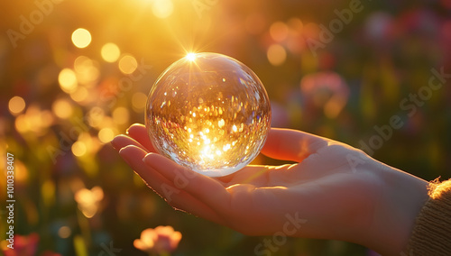 Hand holding crystal ball, nice background boked photo