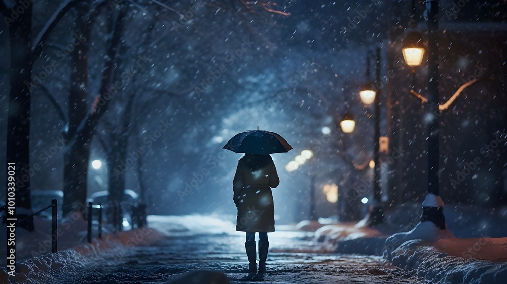 Woman Walking Under Umbrella in Snowy Night Cityscape Woman Walking Under Umbrella in Snowy Night Cityscape