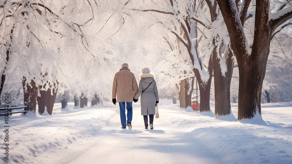 Senior Couple Walking in Snowy Winter Park Senior Couple Walking in Snowy Winter Park