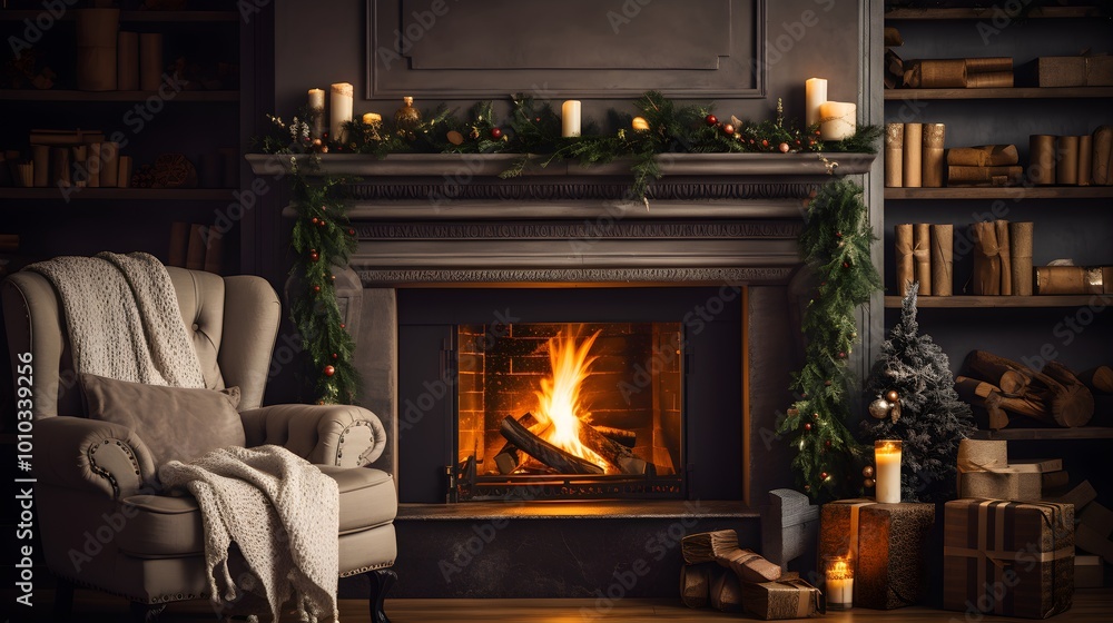 Cozy Christmas Fireplace with Chair Garland and Candles Cozy Christmas Fireplace with Chair Garland and Candles