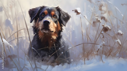 Dog in Snowy Field Winter Portrait Pet Photography Canine Furry Friend Winter Wonderl photo