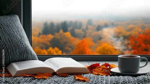 Cozy Autumn Reading Nook by the Window with Book and Warm Beverage photo