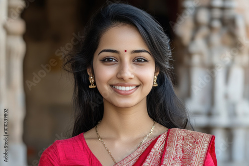 Arabian woman wearing saree traditional cloth smile at Hindu temple