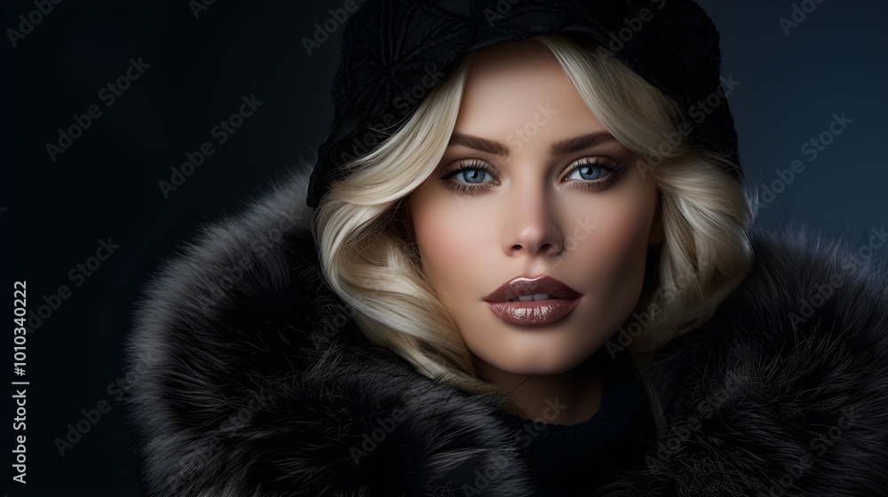 Glamorous Woman in Fur Coat and Hat with Blue Eyes Glamorous Woman in Fur Coat and Hat with Blue Eyes