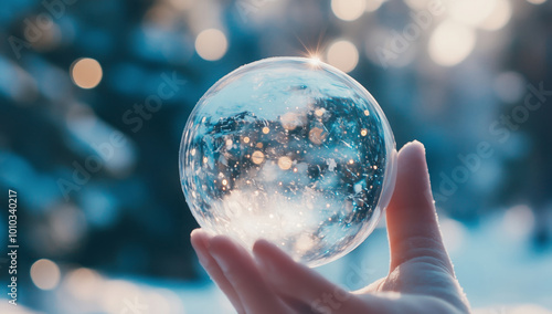 Hand holding crystal ball, nice background boked photo