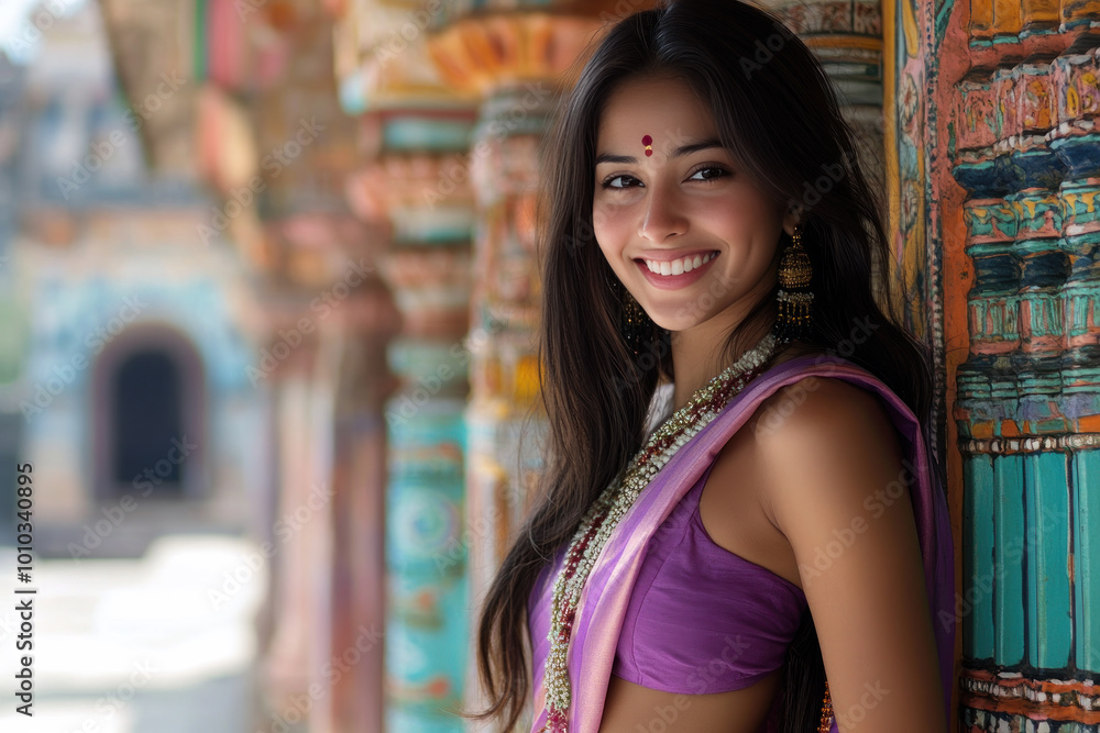Naklejka premium Korean woman wearing saree traditional cloth smile at Hindu temple