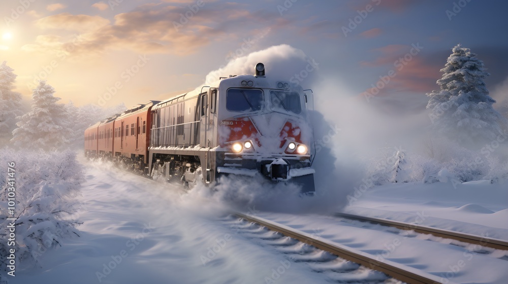 Winter Train Journey Through Snowy Forest Landscape Winter Train Journey Through Snowy Forest Landscape