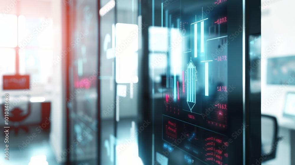 Close-up of digital screen showing labor market graph with job openings and employment rates, office setting with copy space for text overlay. Close-up of digital screen showing labor market graph with job openings and employment rates, office setting with copy space for text overlay.
