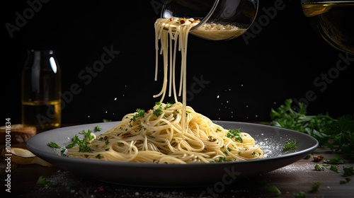 Spaghetti with Parsley and Olive Oil being Drizzled from a Glass Jar