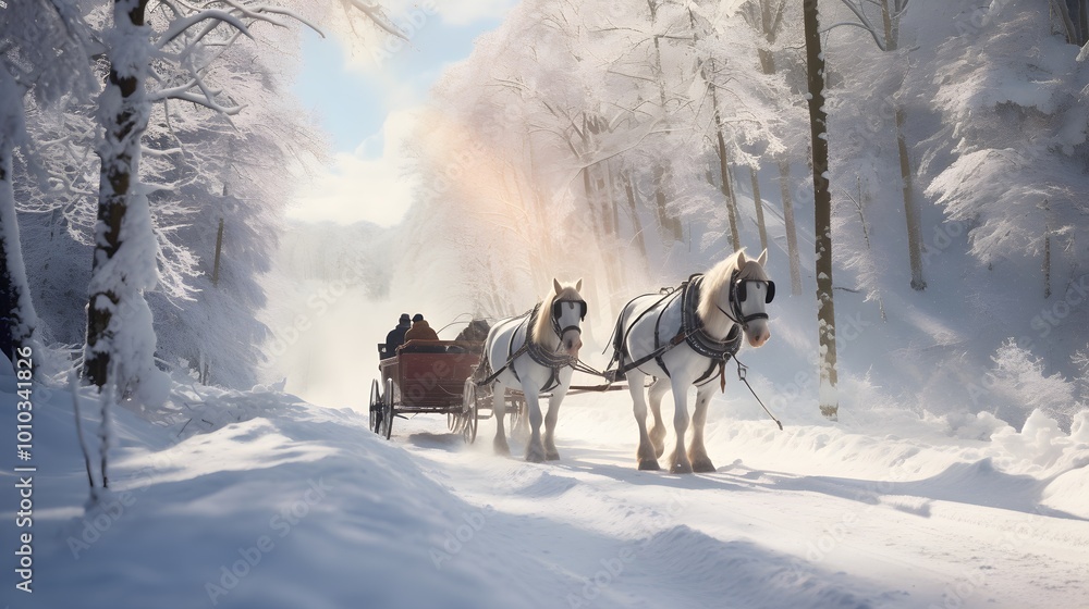 Winter Horse Drawn Sleigh Ride Through Snowy Forest Winter Horse Drawn Sleigh Ride Through Snowy Forest