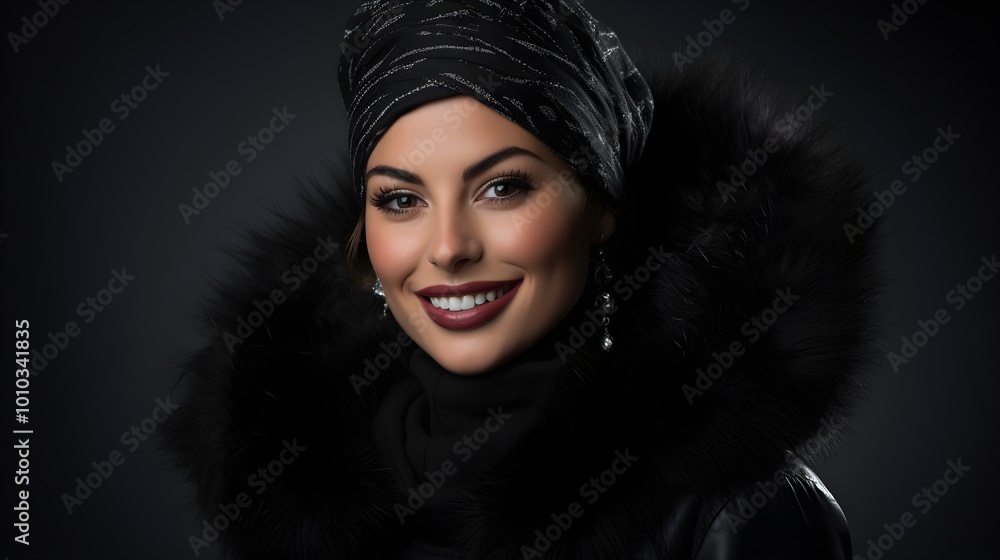 Beautiful Woman in Black Fur Coat and Headscarf Smiling Portrait Beautiful Woman in Black Fur Coat and Headscarf Smiling Portrait