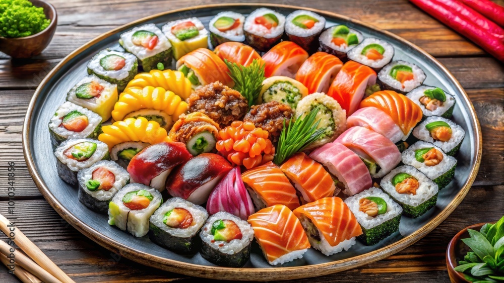 Φωτογραφία Colorful sushi platter featuring a variety of maki and nigiri sushi, sushi, plat