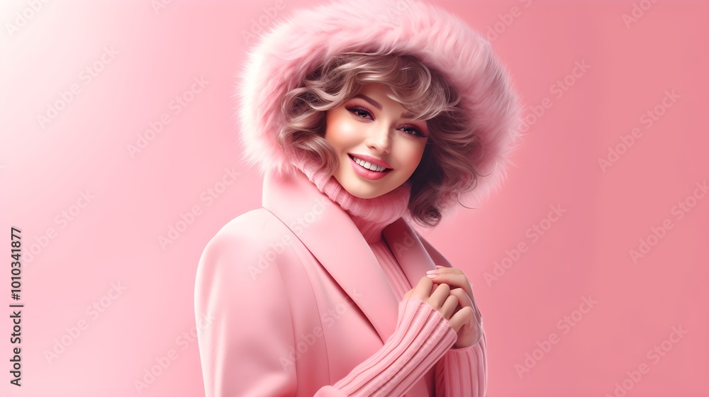 Smiling Woman in Pink Fur Trimmed Coat on Pink Background Smiling Woman in Pink Fur Trimmed Coat on Pink Background