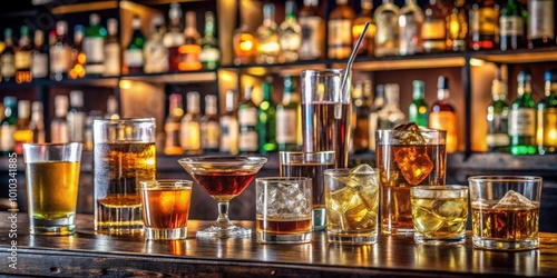 Glasses of assorted alcoholic drinks placed on a bar counter, bar, glasses, alcohol, beverages, cocktails, celebration