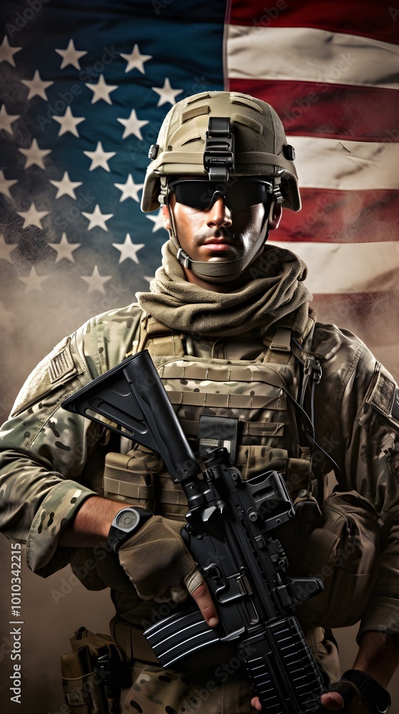 US Soldier Holding Rifle with American Flag in Background US Soldier Holding Rifle with American Flag in Background