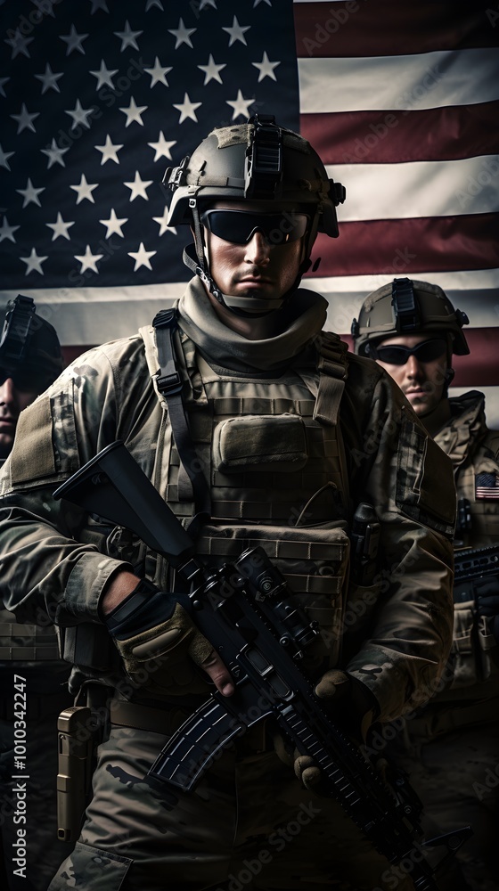 US Army Soldier with Rifle and American Flag Patriotic Military Image US Army Soldier with Rifle and American Flag Patriotic Military Image