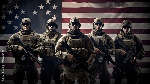 US Military Soldiers Armed and Ready in Front of American Flag