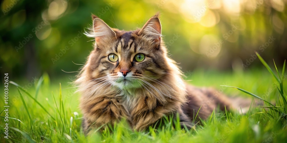 Φωτογραφία Shaggy cat relaxing in the green grass, cat, feline, fluffy, pet, furry, lazy, o
