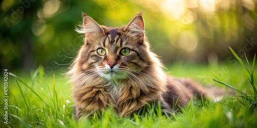 Shaggy cat relaxing in the green grass, cat, feline, fluffy, pet, furry, lazy, outdoor, adorable, nature, relaxation, peaceful