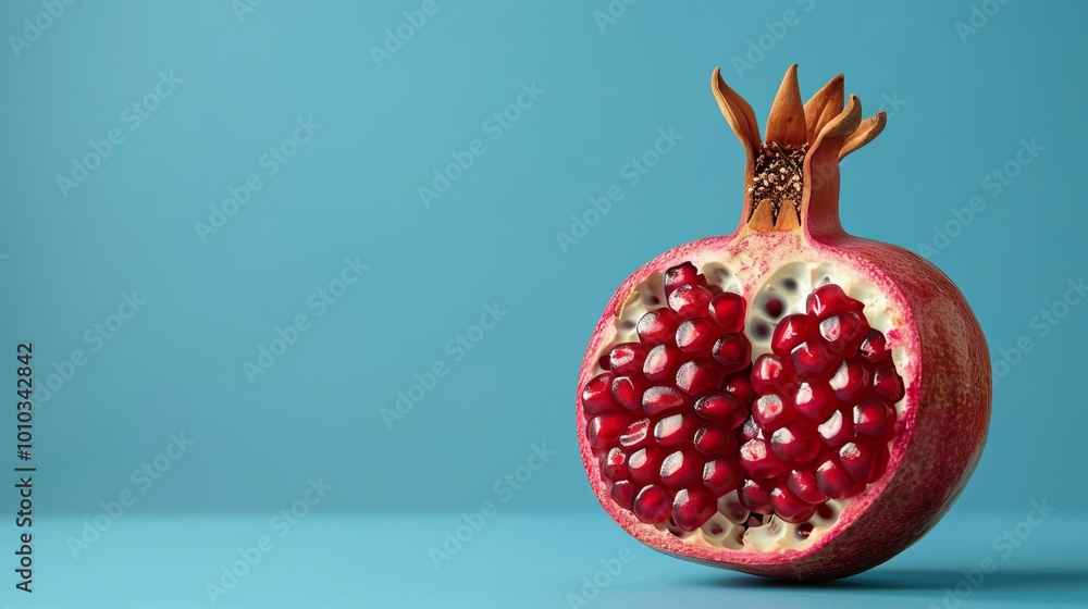 Open Pomegranate Fruit on Blue Background Healthy Food Nutrition Vitamins Seeds Red Open Pomegranate Fruit on Blue Background Healthy Food Nutrition Vitamins Seeds Red