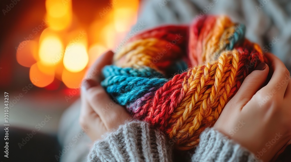 Warm Knitted Scarf in Hands by Fireplace Cozy Winter Comfort Warm Knitted Scarf in Hands by Fireplace Cozy Winter Comfort