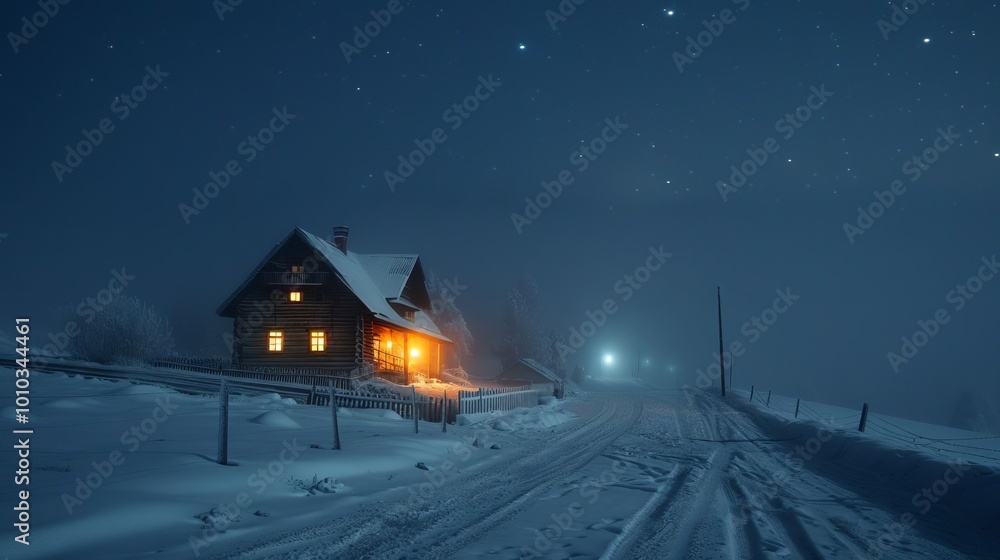 Cozy Cabin in Snowy Night Landscape with Stars and Fog Cozy Cabin in Snowy Night Landscape with Stars and Fog