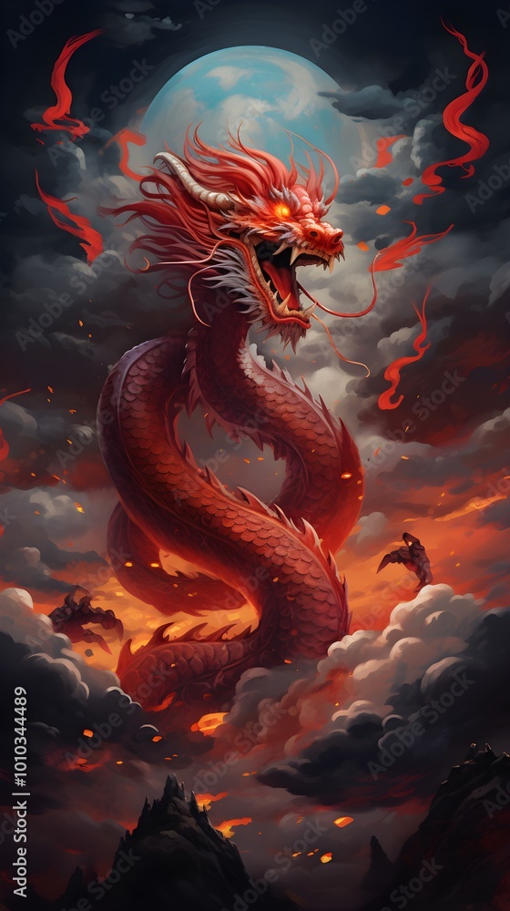 Fiery Red Dragon Soaring Through Clouds with Full Moon Mythical Creature Fantasy Art Fiery Red Dragon Soaring Through Clouds with Full Moon Mythical Creature Fantasy Art