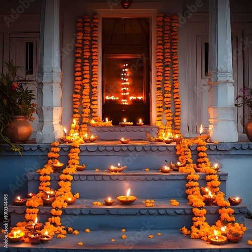 Diya Lights and Marigold Garland Decorated Steps Indian Festival Hinduism Celebration photo